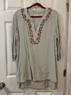 Cost Plus World Market Gray & White Striped Embroidered V-Neck Tunic
